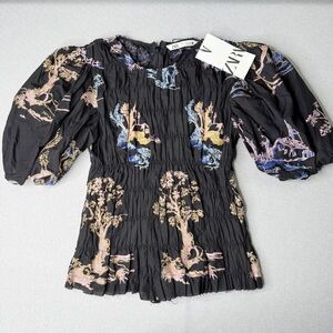 Zara embroidered puff sleeve top black‎ elastic size small